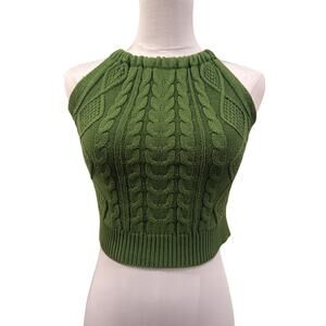 Olive Green Cable Knit Halter Cropped Top Open Back Cropped Medium Resort Summer